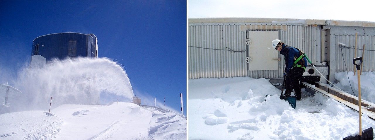 除雪車が道路の雪を吹き飛ばす（左）。林さんも雪国出身の強みを発揮。屋上での作業のため安全帯装着（右）