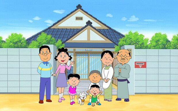 左から夫マスオ、後ろ弟カツオ、手前息子タラオ、ペット(ネコ)タマ、サザエ、父波平、妹ワカメ、母フネ 提供=長谷川町子美術館