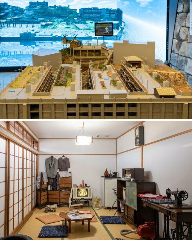 Above: A model of an apartment building with a rooftop farm. Below: A reproduction of a late-1950s apartment interior. (© Nippon.com)
