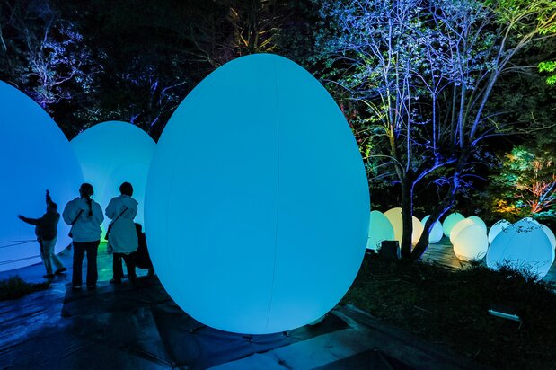 Des objets en forme d'œuf changent de couleurs lorsqu'on les touche. (Nippon.com)