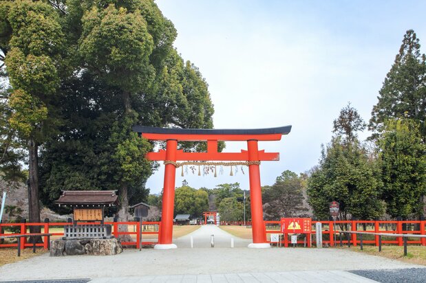 神社院落入口处的“一之鸟居”。参道旁广阔的草坪上,经常举办手工市集、音乐会等休闲娱乐活动