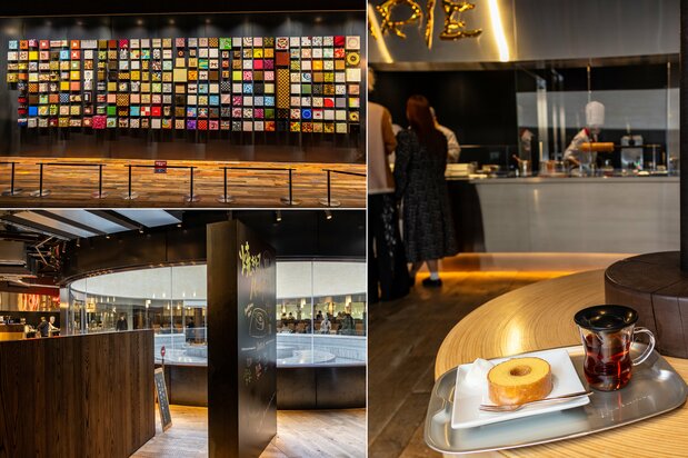 Clockwise from top left: Packaging from the past is displayed along the tour route; the famed cake and a cup of tea; at the upstairs café; the architecture of the space itself resembles a slice of the cake. (© Nippon.com)
