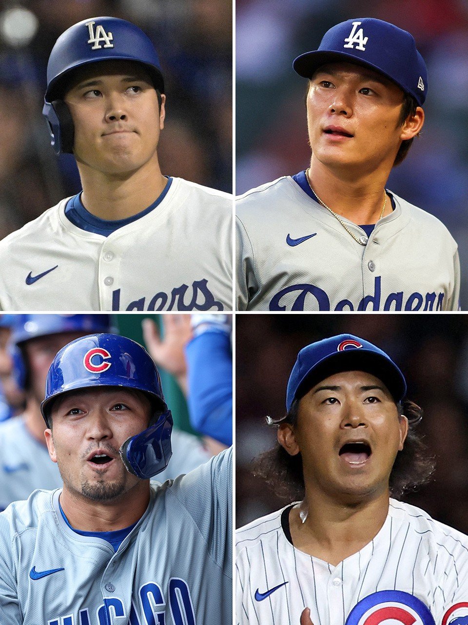 左上：大谷翔平（道奇队）USA TODAY Sports via Reuters Connect 右上：山本由伸（道奇队）USA TODAY Sports via Reuters Connect 左下：铃木诚也（小熊队）David Smith/Cal Sport Media/Sipa 右下：今永升太（小熊队）TNS/ABACA via Reuters Connect