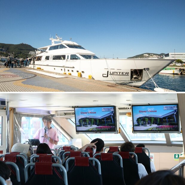 Above: The cruise boat operated by Gunkanjima Concierge. The upper deck offers excellent views, a souvenir shop, and other services. Below: Monitors installed in the passenger cabin show footage of Nagasaki’s world heritage, with English subtitles. (© Gunkanjima Concierge)