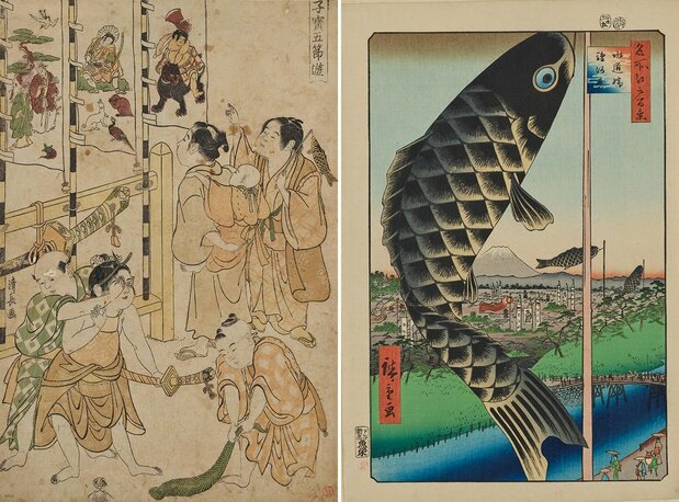 (左)《子宝五节游》中描绘了三面旗帜(右起分别为金太郎、桃太郎、《高砂》),近处的儿童手持一束菖蒲敲击地面,比试声音的大小;(右)《名所江户百景 水道桥骏河台》中描绘了多面鲤鱼旗(图片:colbase)