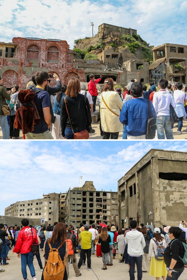 Above: The former main office, at left, stands near the entrance to the mine shaft pier at right. Below: A guide gives an explanation in front of Apartment Block 30. (© Gunkanjima Concierge)