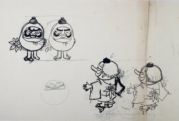 Boceto de Daruma-chan y el pequeño Tengu. (Cortesía de Kako Sōgo Kenkyūjo)