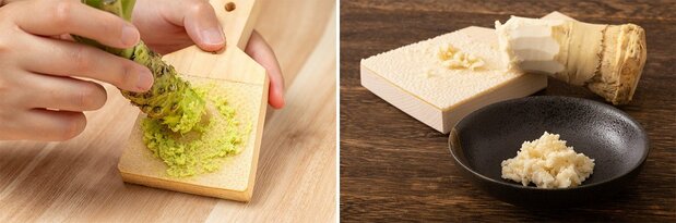 用鲨鱼皮磨板研磨成山葵泥（左） 西洋山葵（图片：PIXTA）