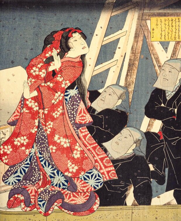 Yaoya Oshichi, una historia sobre una mujer que provocó un gran incendio con el propósito de encontrarse con su amado, fue una de las más representadas en el teatro ningyō jōruri. Cuentan que nació en 1666, año del Caballo de Fuego. (Colección de la Biblioteca Nacional de la Dieta)