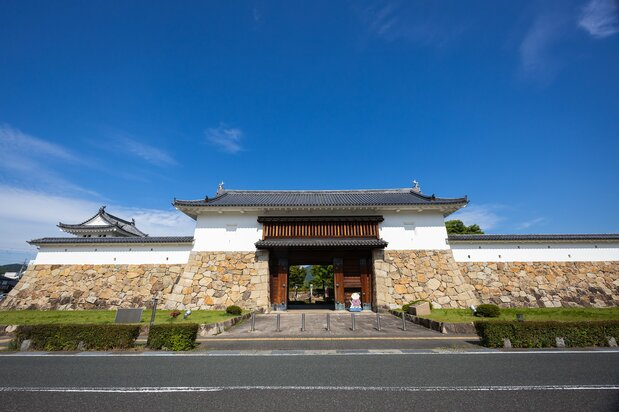 设有田边城资料馆的城门。左侧的瞭望塔屋顶下是彰古馆 