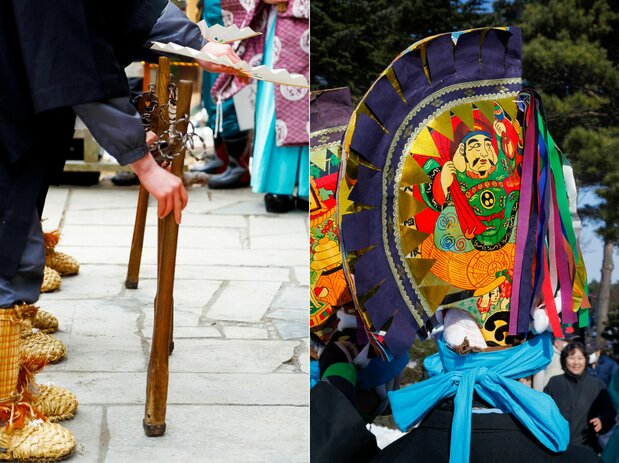 Izquierda: los participantes hacen sonar una vara con un aro metálico. Derecha: sombrero eboshi, con forma de cabeza de caballo, que presenta motivos auspiciosos como Ebisu (el dios de la pesca y la suerte) o Daikokuten (dios de los cocineros, granjeros y banqueros).