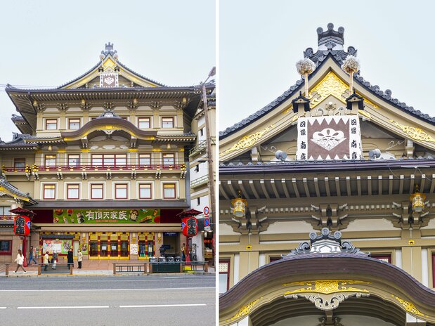 南座剧场庄重的外观，体现了日本桃山时代的建筑风格（左）；房顶上的台架物体“橹”，是南座得到江户幕府公认的证明（右）（摄于2024年11月）