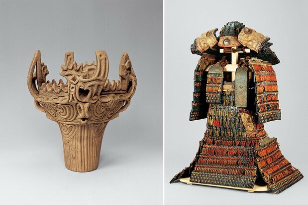 Izquierda: cerámica en forma de llama, período Jōmon medio, entre 5400 y 4500 a.C., ciudad de Tōkamachi, prefectura de Niigata (cortesía del Museo de la ciudad de Tōkamachi). Derecha: Tesoro Nacional, armadura akakawaodoshi yoroi, periodo Heian, siglo XII, Museo de la Prefectura de Okayama (cortesía del Museo de la Prefectura de Okayama). Período de exposición de la armadura: del 20 de mayo al 15 de junio.