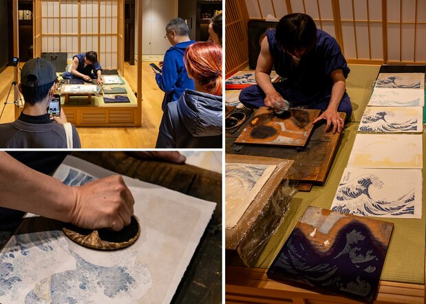 版三在外国客人占9成的新宿格拉斯丽酒店举办活动,现场表演浮世绘拓印技术