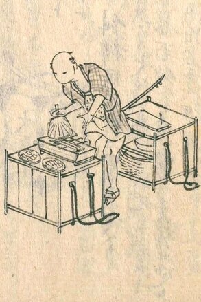 使用味醂调配酱汁的烤鳗鱼摊贩。出自《守贞漫稿》第六卷(日本国立国会图书馆馆藏)