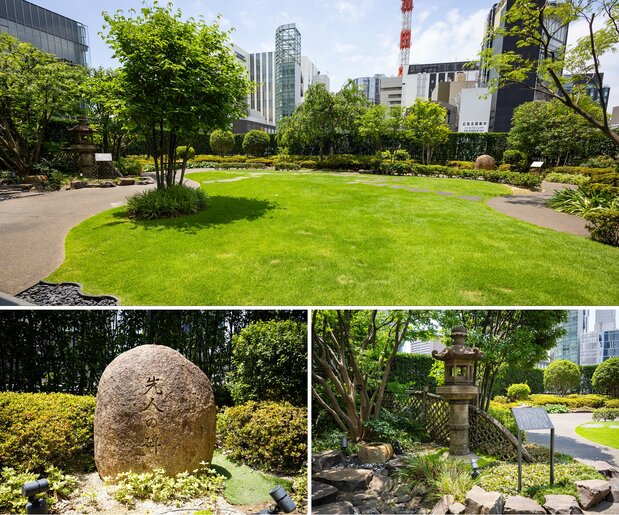 （上）免费开放的屋顶庭园  （左下）庭园内立有“先人碑”以纪念为歌舞伎发展做出贡献的历代艺术家 （右下）从河竹默阿弥住宅迁移至此的石灯笼（图片：nippon.com日本网 编辑部）