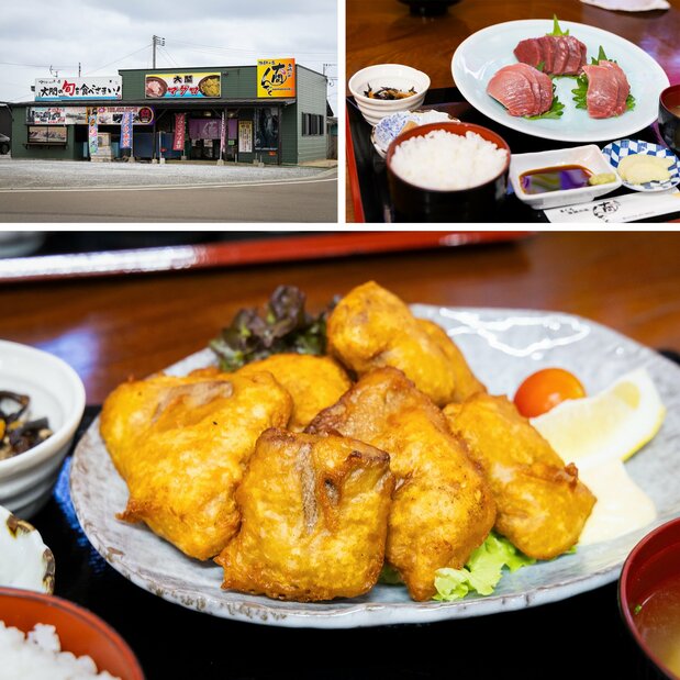 在“食鱼的Omanzoku”（左上），由大脂、中脂、赤身组成的“三色金枪鱼套餐”（右上，含税3960日元）和“三色金枪鱼盖饭”（含税3960日元）为固定菜品。下为用大间金枪鱼制作的“炸金枪鱼套餐”