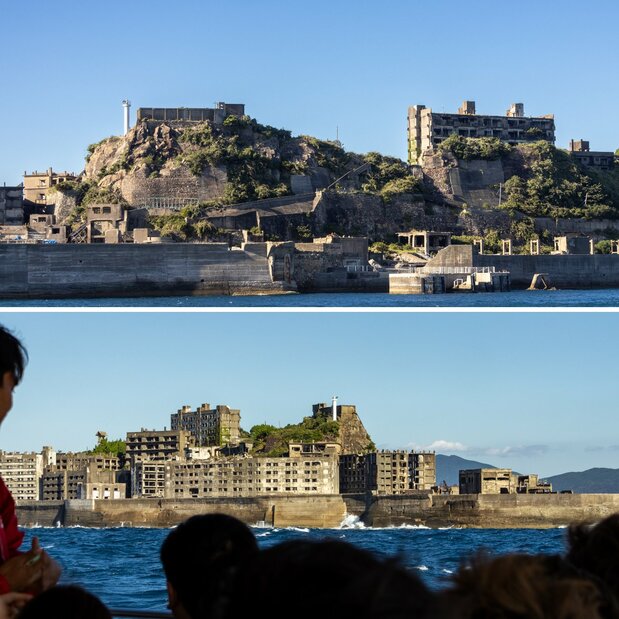 Above: In the right foreground is the berthing facility. The lighthouse on the hilltop was built after the island was deserted. Below: The seawall has suffered damage from high rough seas, revealing some of the old stonework. (© Nippon.com)