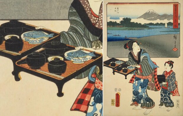 描繪配膳的浮世繪作品。歌川廣重與三代歌川豐國合作的《雙筆五十三次 平塚》,1854年(國立國會圖書館藏)