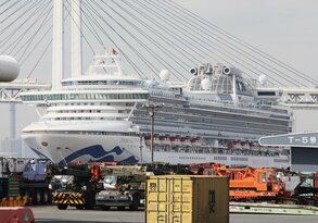 发生新冠病毒聚集性感染的“钻石公主”号邮轮，2020年2月12日，横滨市大黑码头（时事社）