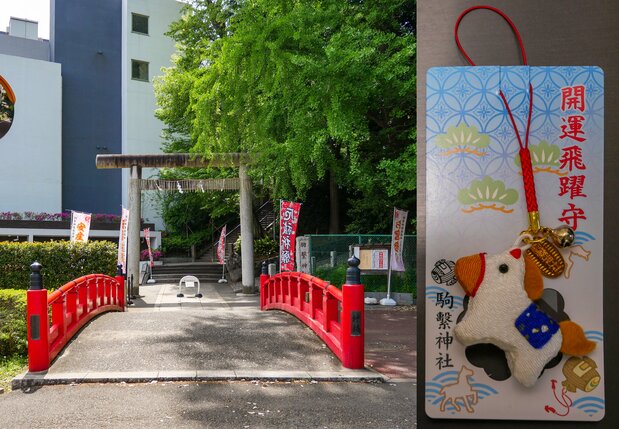 左：昔日架有神桥的沼泽如今已成暗渠；右：在神社内可以请到马形护身符（图片：涩谷申博）