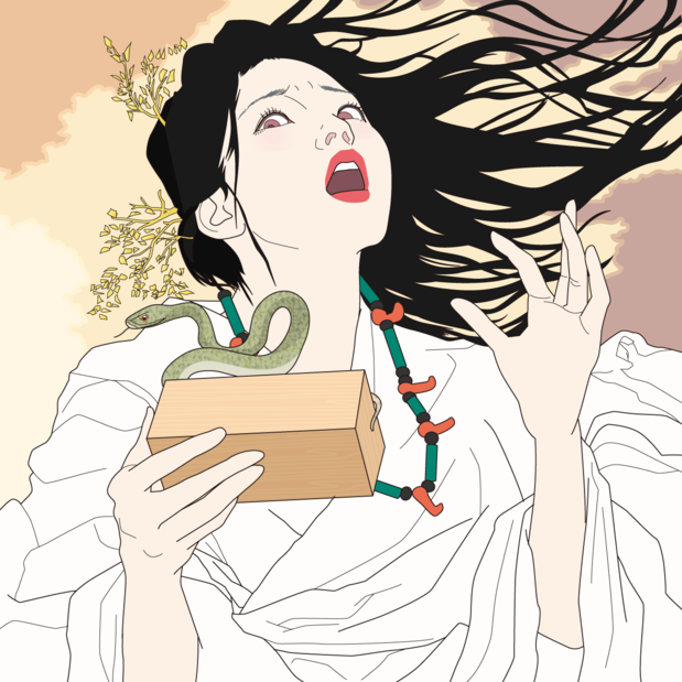 倭迹迹日百袭姬命打开化妆匣，发出一声惊呼（插图：Satō Tadashi）