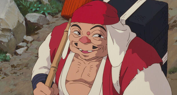 Jigo, a mysterious monk who wants to get the Forest Spirit’s head. (© 1997 Hayao Miyazaki/Studio Ghibli, ND)