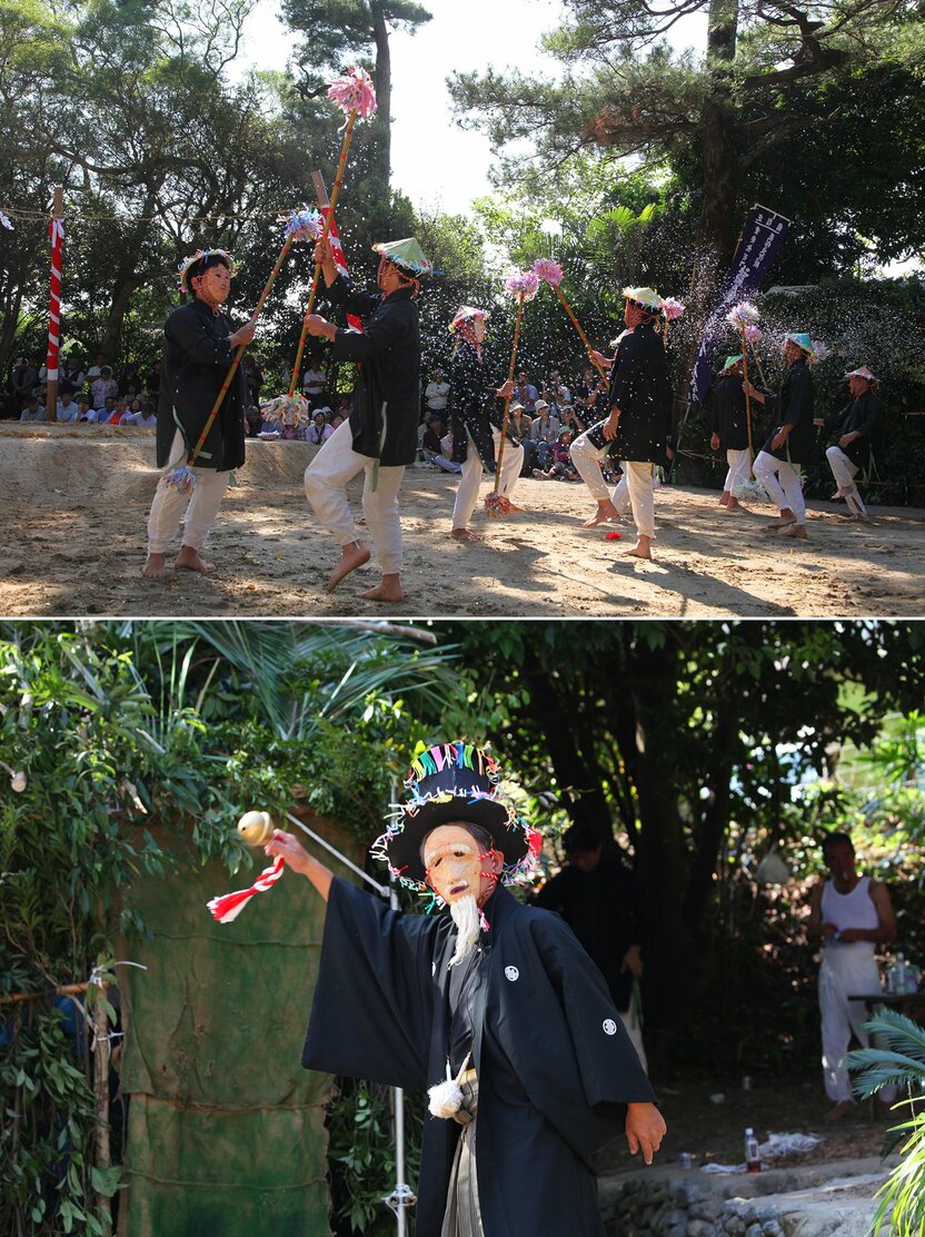 Les origines du shodonshibaya remonteraient à environ 800 ans. Les représentations ont lieu durant le festival du sanctuaire d’Ôchon, le neuvième jour du neuvième mois du calendrier lunaire. (© Hamada Futoshi)
