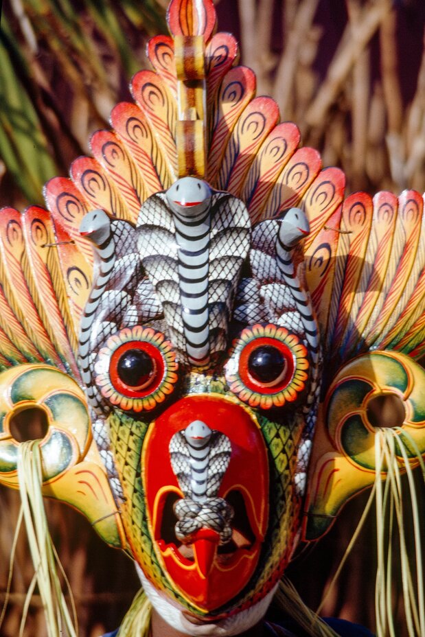 Máscara de cobra que se utiliza en la danza del diablo de Sri Lanka.