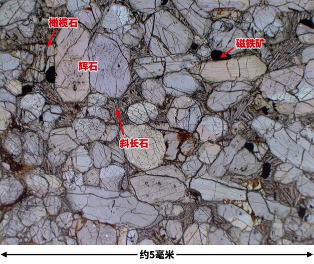光学显微镜下的Yamato 000593火星陨石切片。其内部的橄榄石已部分蚀变并伴有粘土矿物,成为火星表层曾存在水的证据