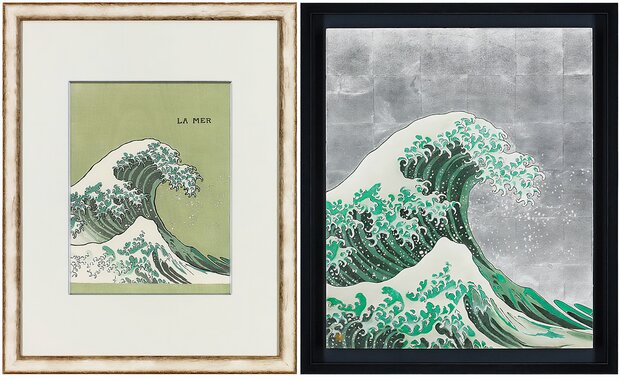 左:德彪西《大海(LA MER)》的管弦乐谱初版封面 浮世绘木版画 右:“LA MER (VAGUES VERTES JADE /翡翠浪涛)”是用白金金箔画的原稿(版三提供)