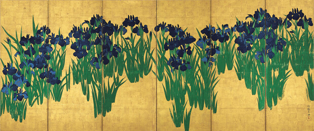 Kakitsubata zu byōbu (Irises), National Treasure; right screen of a pair of six-panel screens. By Ogata Kōrin, Edo period, eighteenth century. (Courtesy Nezu Museum)
