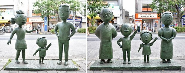 東急田園都市線桜新町の駅前には、サザエさんのフグ田家と磯野家の銅像が立っている。