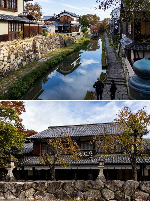 Hachiman Canal, en route to the Himure Hachiman Shrine (top) and the old, alluring Taneya Himure shop. (© Nippon.com)