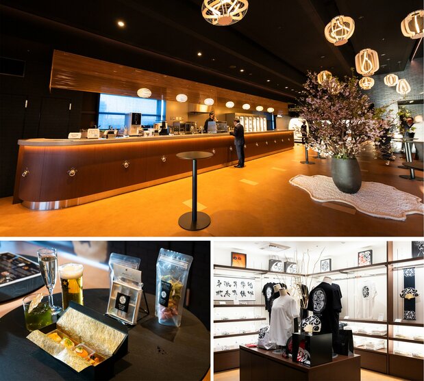 复古吧台(上)、与京都名店联名推出的饮品小吃(左下);礼品店内日本风格的原创周边玲琅满目(右下)