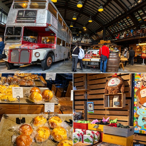 Clockwise from top: A double-decker bus from London dominates the gift shop floor; the shop sells a host of knick-knacks; the sweet treats on offer include items flavored with cheese and an bean paste. (© Nippon.com)