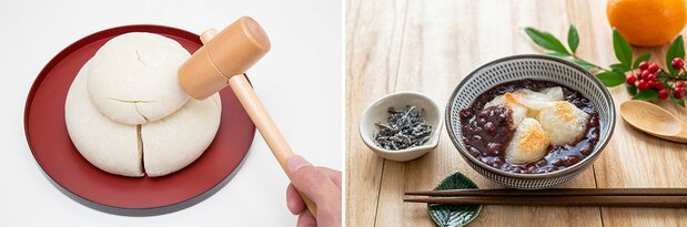 Broyage de mochi avec un maillet en bois (à gauche), shiruko (potage doux de haricots azuki) agrémenté de mochi.