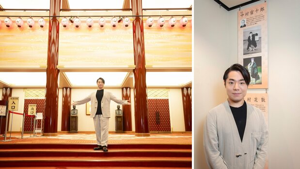（左）剧场一层大厅，（右）在四层回廊介绍父亲艺术成就的展板前