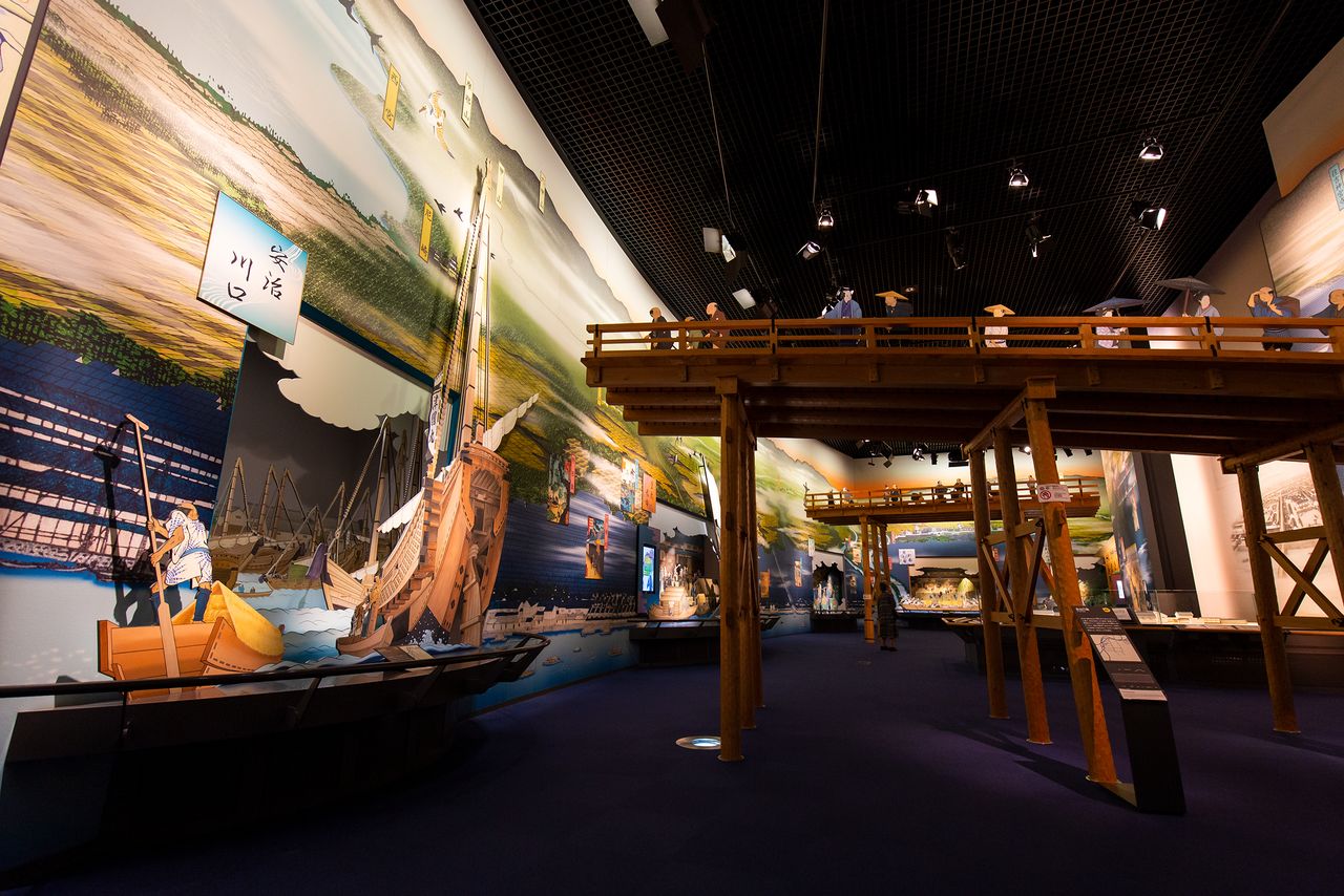 Реалистичная панорама, показывающая процветание Осаки в период Эдо как центра водного транспорта
