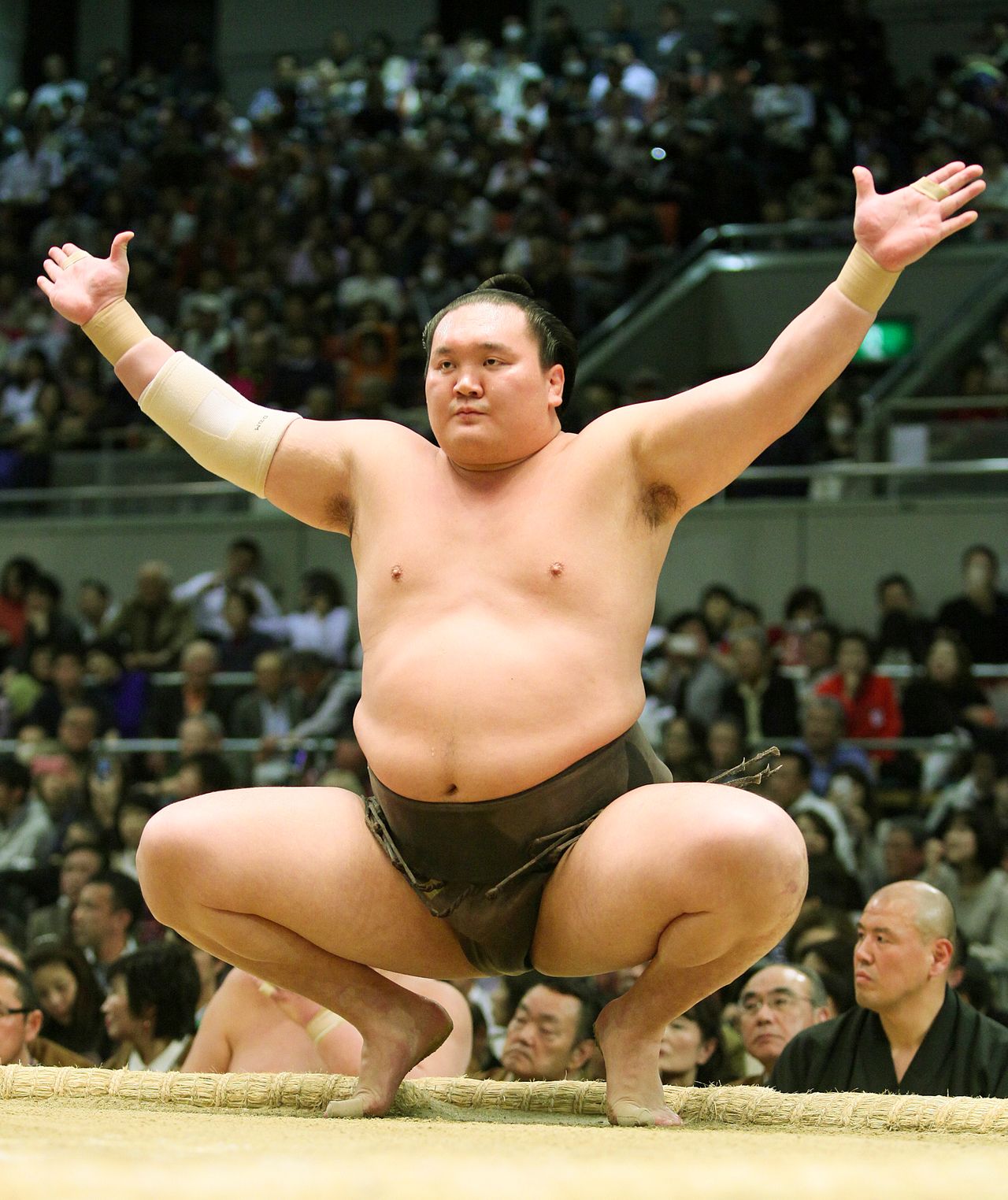 Посадка сонкё в боевых искусствах, таких как сумо, является выражением почтения. На фотографии – ёкодзуна Хакухо, выходящий на ринг, 23 марта 2016 г. (Jiji Press)