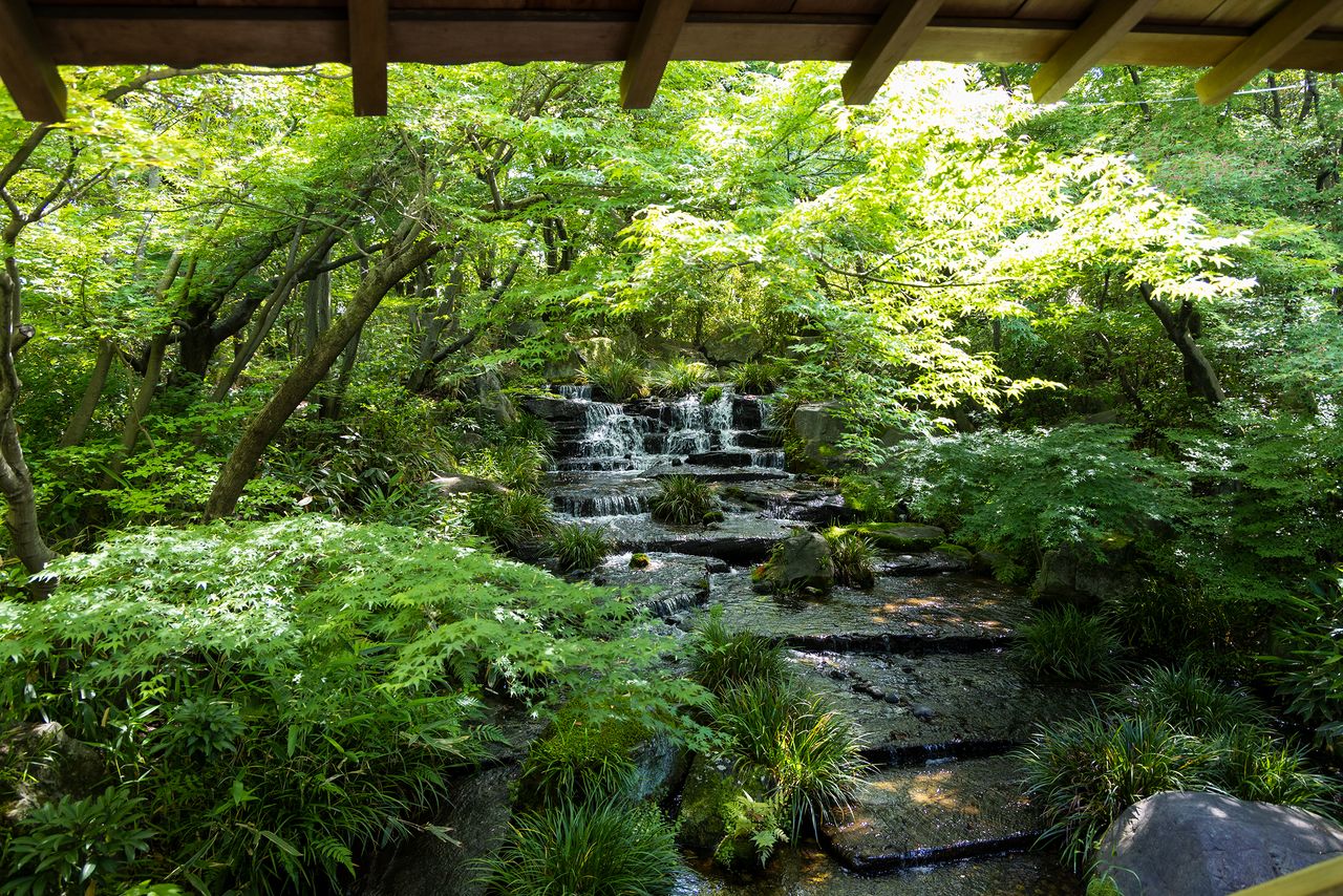 Каскады водопадов рядом с крытым переходом, проходящим через Кокоэн, сад Резиденции Владыки