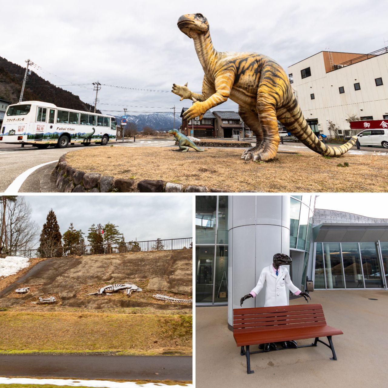 Вверху: фукуизавр (Fukuisaurus tetoriensis) встречает посетителей на станции Кацуяма. Слева: вдоль дороги к станции расположены статуи и копии ископаемых находок. Справа: талисман музея доктор Динозавр готов фотографироваться с посетителями (© Nippon.com)