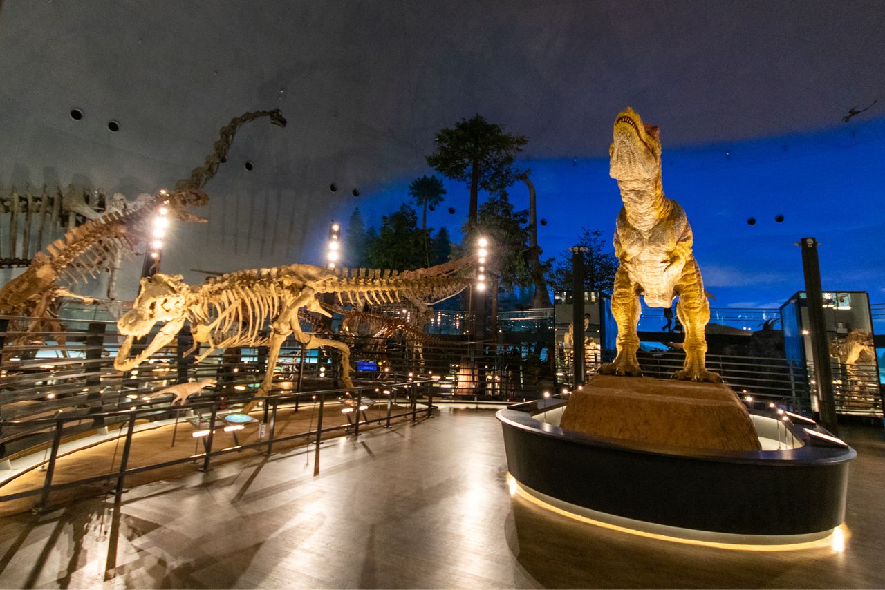 В главном выставочном зале возвышается аниматрон – фигура тираннозавра в три четверти натуральной величины (© Nippon.com)