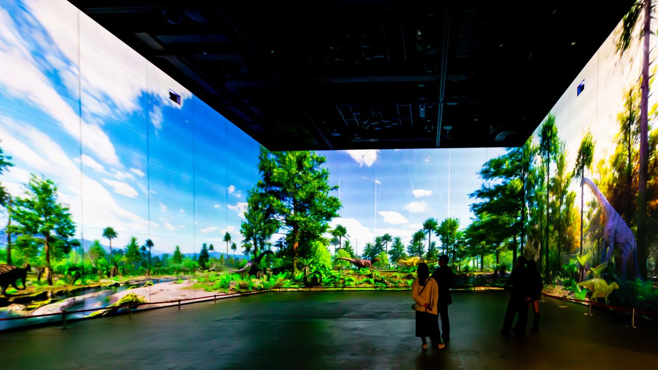 Специальный выставочный зал, размещающийся на 1 и 2 этажах. Древние пейзажи эпохи динозавров проецируют на три стены высотой 9 метров и шириной 16 метров. (© Nippon.com)