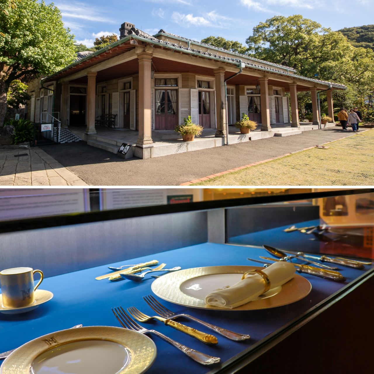 Дом Рингера (вверху); здесь также можно увидеть столовые приборы из отеля Нагасаки (1898–1908), который Рингер надеялся сделать одним из лучших отелей на Востоке (© Nippon.com)