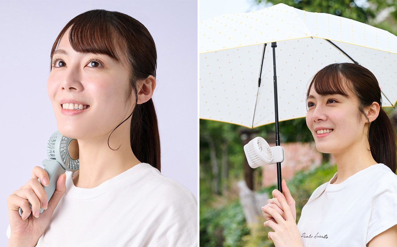 Вентилятор с круглой охлаждающей пластиной (слева) и вентилятор, который можно прикрепить к зонту от солнца или на ремень рюкзака (предоставлено Elecom)