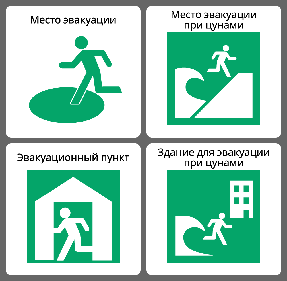 Начиная сверху слева, по часовой стрелке: место эвакуации; место эвакуации при цунами; здание для эвакуации при цунами; эвакуационный пункт. По пиктограммам понятно, находится ли указанное место в помещении или на открытом воздухе (PIXTA)