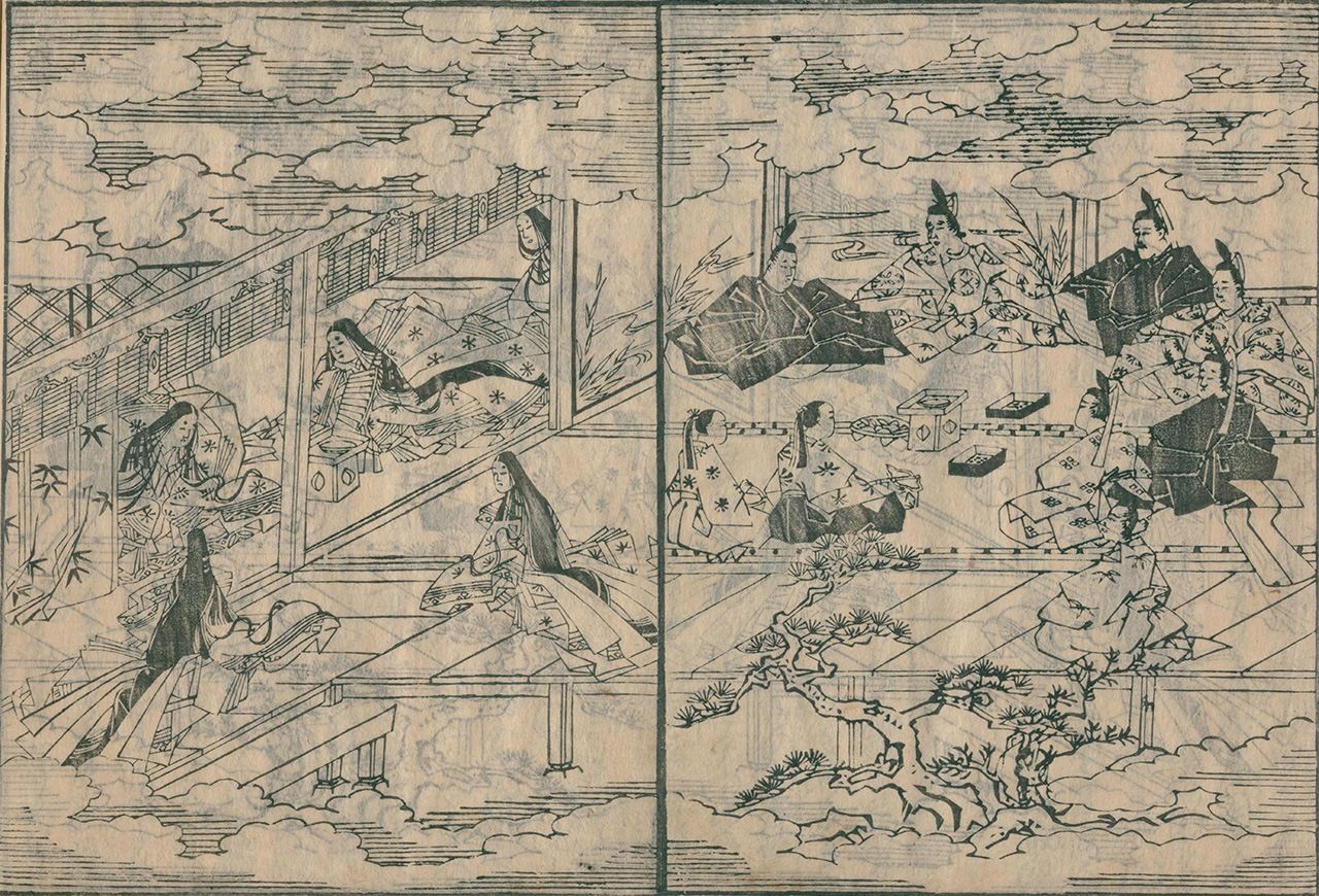 «Повесть о доме Тайра», 2 год Мэйрэки (1656). Изображены сыновья и дочери Киёмори (коллекция Национальной парламентской библиотеки)