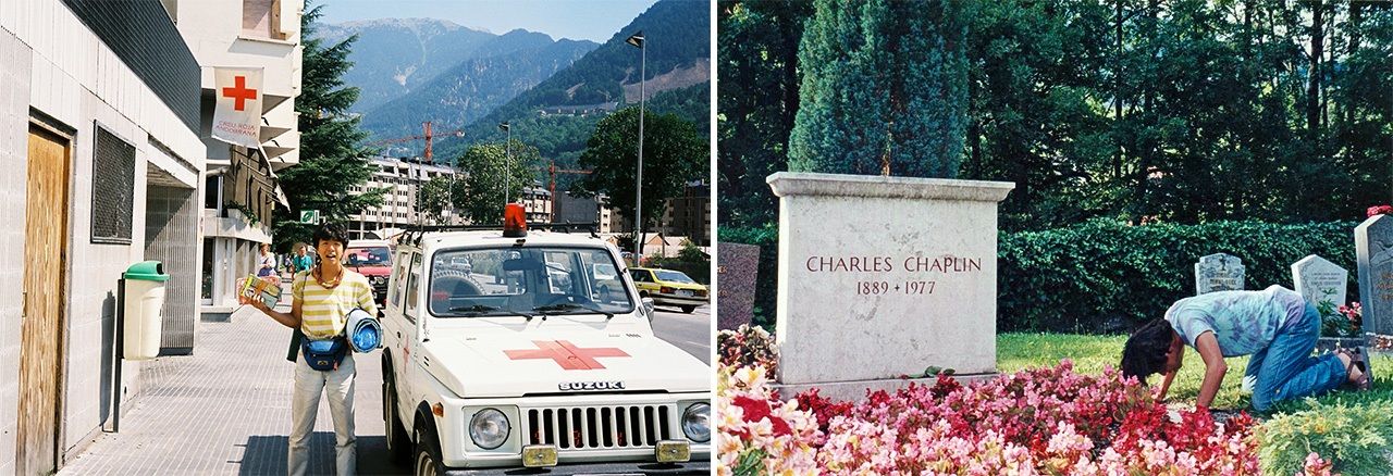 Слева: 21-летний Кадзипон во время первого путешествия по Европе в 1989 году. Справа: посещение могилы Чарли Чаплина в Корсье-сюр-Веве (Швейцария)