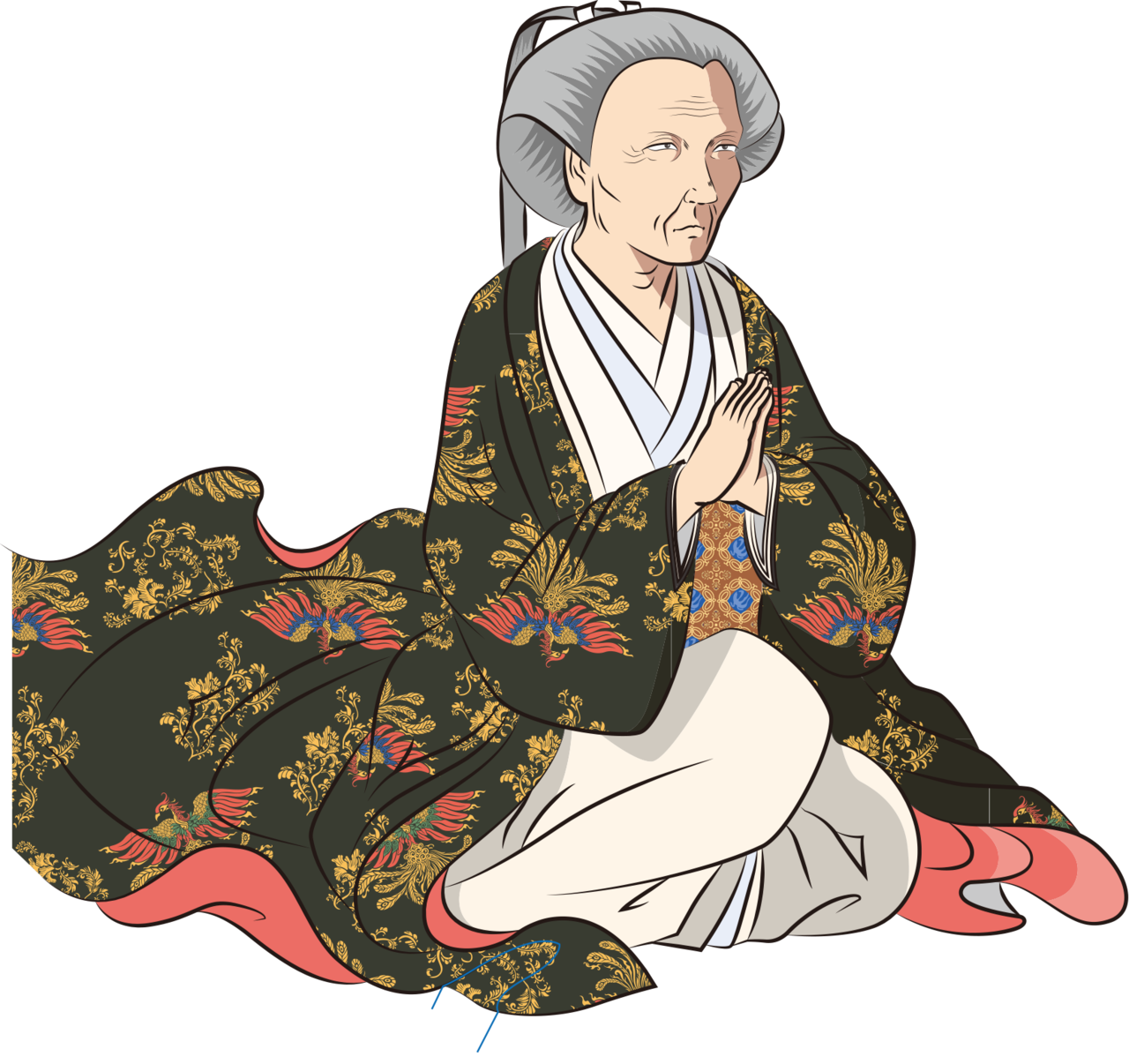 Мать Цунаёси, Кэйсёин, стала второй женщиной сёгунов Токугава, получившей первый придворный ранг. Младшая степень первого придворного ранга – самый высокий ранг для женщин, она поднялась на вершину процветания (иллюстрация Сато Тадаси)